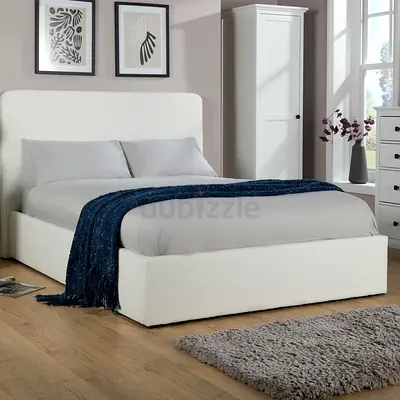 White Fabric Upholstered Double Bed with Headboard (Like New)