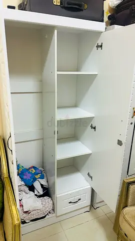 Kids White 2-Door Wardrobe with Shelves and Drawer — Good Condition