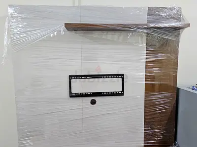 Wall-mounted TV Panel with Shelf - White and Wood Finish