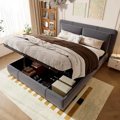 Splited pillow headboard soft gray velvet super king hydraulic bed