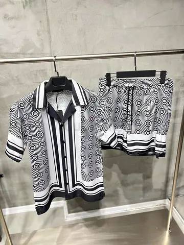 DG Mens Matching Short Sleeve Shirt and Shorts Set — Black  White Geometric Print, Size