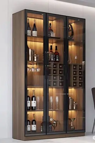 Wooden Glass-Front Wine Cabinet with Integrated Lighting