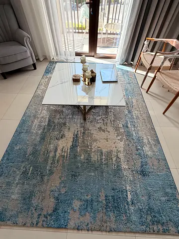 Long modern blue-grey runner rug — gently used