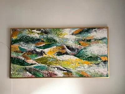 Large Abstract Textured Wall Painting - Green  Gold Palette, Framed 180X90