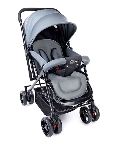 Lightweight Grey Baby Stroller with Canopy and Storage Basket