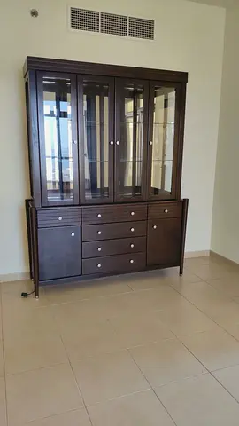 Dark Wood Glass-Front Display Cabinet with Drawers — Good Condition
