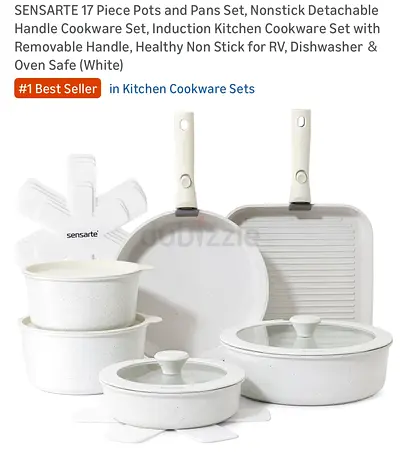 Sensarte 17-Piece Nonstick Cookware Set with Detachable Handles (White)