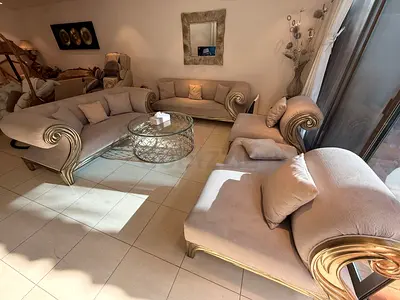 Light beige curved sofa set with decorative rolled arms - 4 pieces