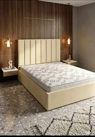Beige Upholstered Bed Frame with Headboard and Mattress