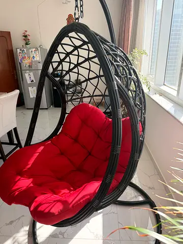 Hanging Egg Swing Chair with Red Cushion - Rattan Style, strong and heavy duty. Elegantly designed