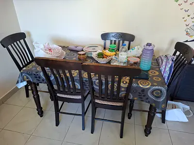 Wooden Dining Table with 6 Chairs - Solid Dark wood Finish