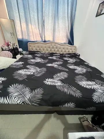 King bed frame with tufted headboard and mattress (good condition)