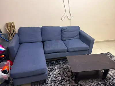 Blue L-shaped Fabric Sofa with Ottoman/Chaise - Good Condition