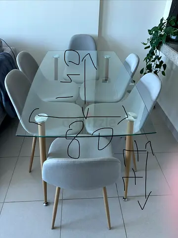 Glass Top Dining Table with 6 Grey Fabric Chairs — Great Condition