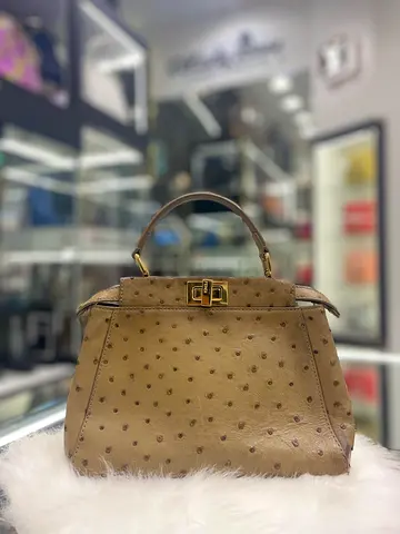 Fendi Mini Peekaboo in Tan Ostrich Leather Top Handle Bah (Authentic/PreOwned)
