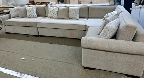Large L-shaped Fabric Sofa — Light Beige, 7-Seater, Good Condition