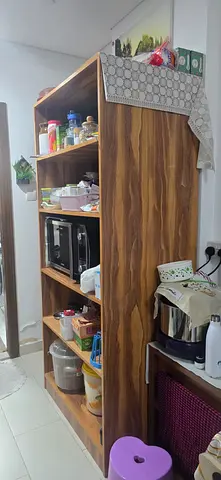 Tall wooden kitchen storage shelving unit - 5 open shelves, good condition