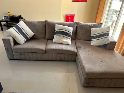 3-Seater L-Shape Beige Fabric Sofa with Chaise - Good Condition
