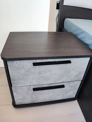 Dark Wood and Concrete-Style 2-Drawer Bedside Table