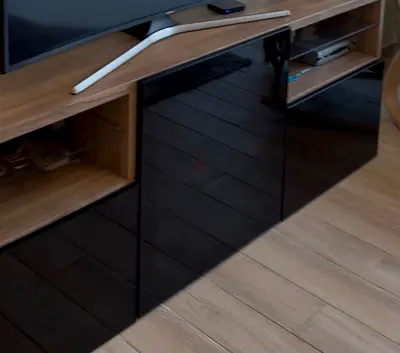 Modern TV Entertainment Unit with Gloss Black Doors and Wood Finish