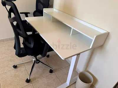 White modern electric/adjustable study desk with raised shelving - Excellent condition