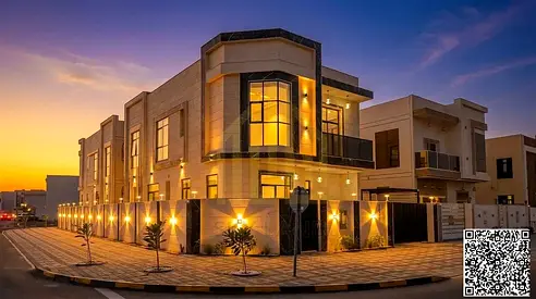 A distinctive villa for sale on a corner lot with two street frontages, opposite a park in Al Zahiyah, Ajman. 5 master bedrooms.