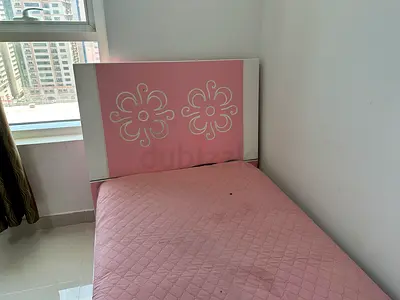 Single Pink Bed with Floral Headboard - Good Condition with mattress