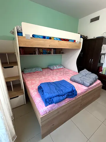 Bunk bed with lower double bed and shelving - good condition