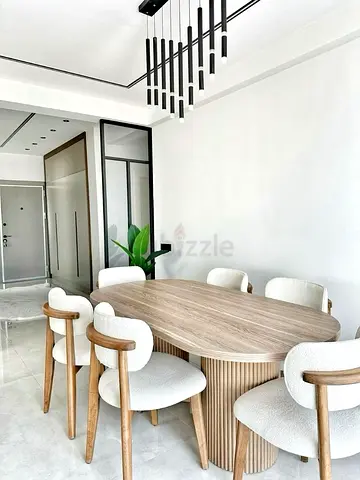 Custom design Modern Oak Oval Dining Table with 6 Upholstered Chairs