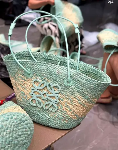 Loewe Mint woven straw tote bag with leather logo charm - gently used