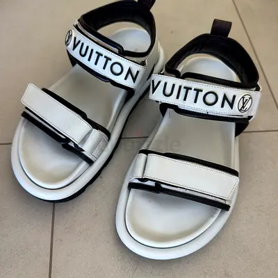 White Louis Vuitton-style Velcro Logo Sandals (Pre-owned)