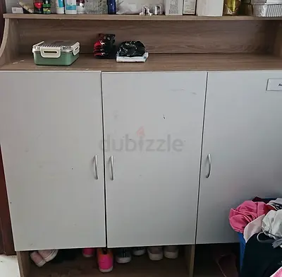 White 3-Door Storage Cabinet with Open Shelf and Shoe Cubby - Used