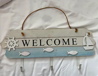 Wooden WELCOME Nautical Wall Hook Rack - 4 Hooks