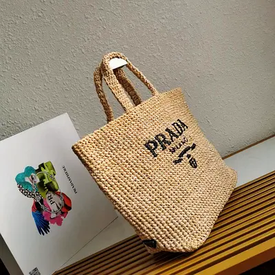 Prada Woven Straw Tote Bag with Logo - Light Beige Summer Beach Bag