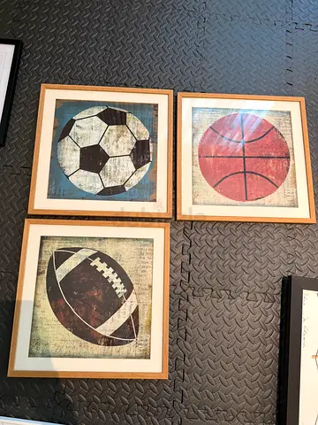 Set of 3 Framed Vintage-Style Sports Ball Prints. prints from Art.com and framed professionally.