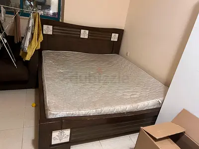 Queen bed frame with mattress - dark wood headboard included
