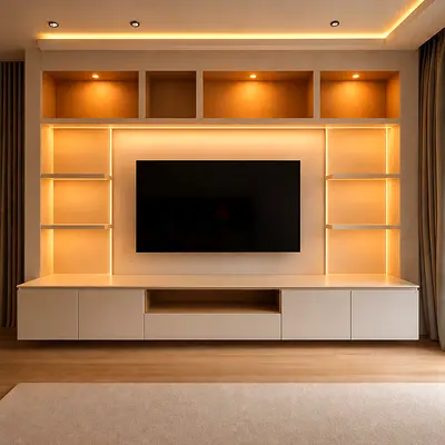 Modern Built-in Entertainment Unit with LED Shelving