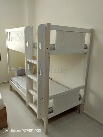 White Wooden Bunk Bed with Built-in Ladder - Good Condition