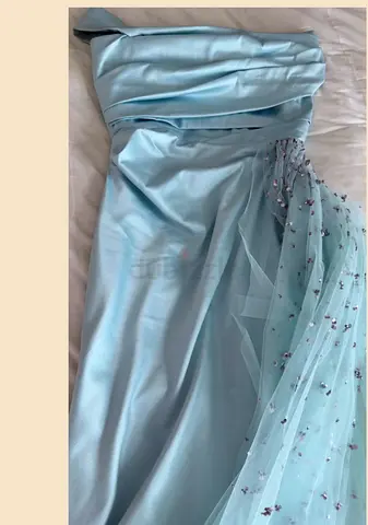 Light Blue Satin Evening Gown with Embellished Tulle Overlay
