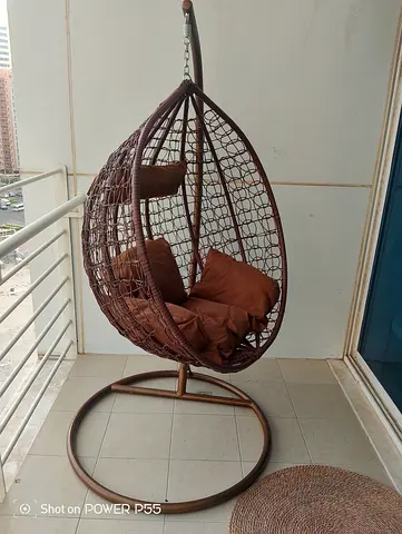 Brown Rattan Hanging Egg Chair with Stand and Cushions - Good Condition