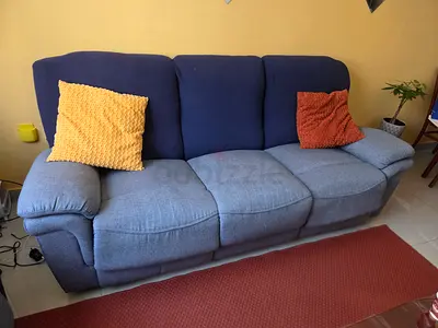 3-seater  2 seater blue fabric recliner sofa in good condition