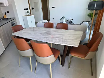 Modern Marble-Top Dining Table with 6 Leather Chairs - Excellent Condition