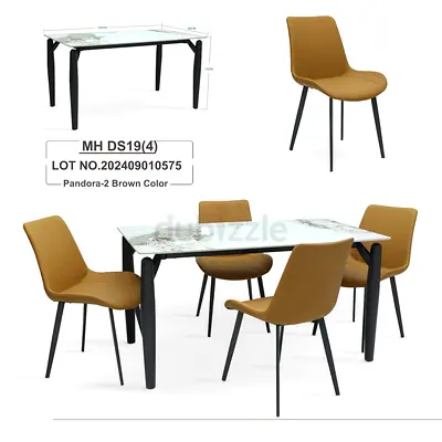 Modern 4-Seater Marble Top Dining Table with 4 Brown Chairs - Good Condition