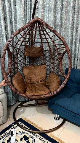 Brown Rattan Hanging Egg Chair with Cushions - Good Condition