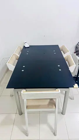 Simple Black Expandable Dining Table with 6 White Chairs - Good Condition