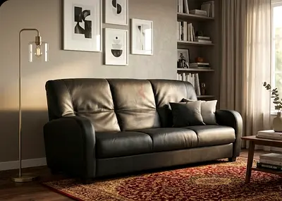 3-Seater Black Leather Sofa in Good Condition