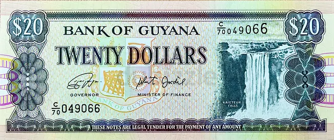 GUYANESE 20 DOLLAR BANK NOTE CURRENCY OF GUYANA
