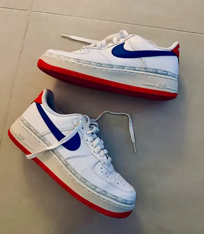 Nike Air Force 1 with White and Blue Swoosh  Red Soles - Used, Size 7.5