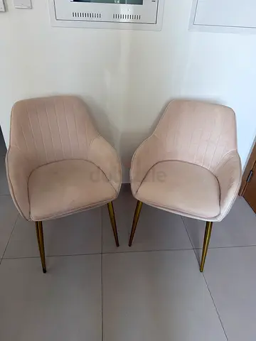 Set of 2 Beige Velvet Dining Chairs with Gold Legs - Good Condition