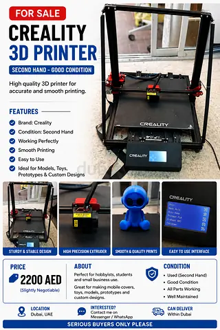 🔥 FOR SALE – CREALITY 3D PRINTER 🔥  Second Hand – Excellent Working Condition  ✅ Smooth  High Qua